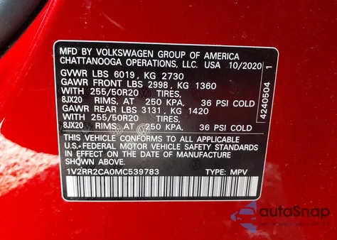 2021 Volkswagen Atlas 3.6L V6 Se W/Technology R-Line z USA, uszkodzony, nr VIN 1V2RR2CA0MC539783